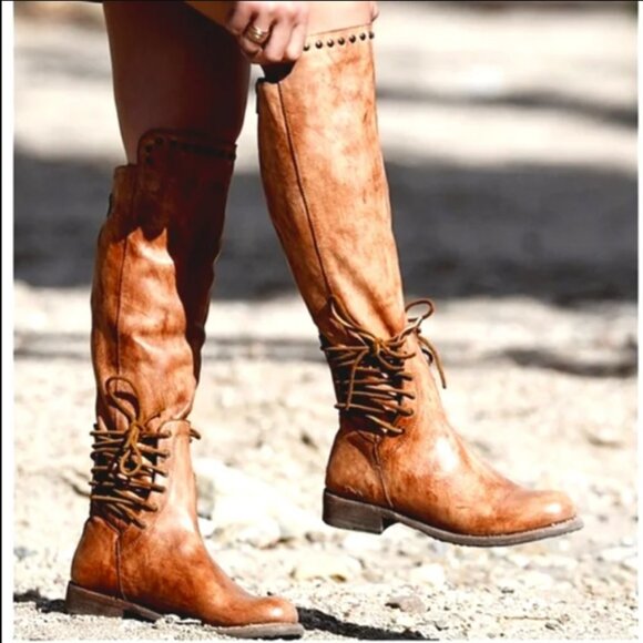 Bed|Stü Shoes - Bed Stu Loxley Tall Riding Boots Tan Brown Leather Cobbler Series Rustic Stud 9